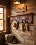 Honeycomb Meadow Orange Blossom | Rustic Wall Coat Rack with Decorative Shelf | Entryway Organizer with Black Hooks | Handcrafted Wood Coat Hanger | Farmhouse Hallway Storage