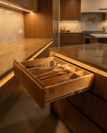 Drawer | Maple, Half Blind Dovetail, 5/8" Sides, 1/4" Birch ply Bottom, Clear Coated, Fixed Insert Dividers