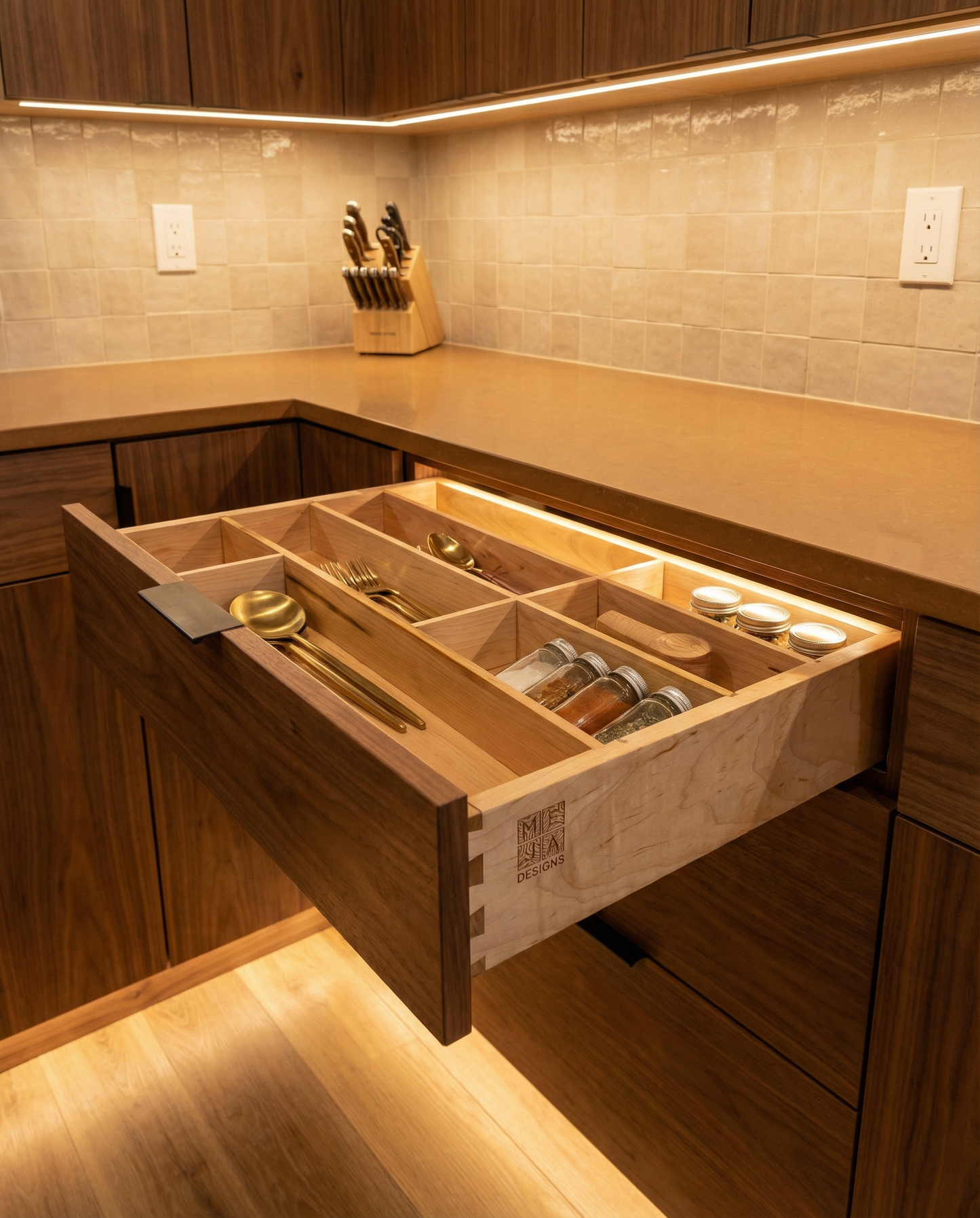 Drawer | Maple, Half Blind Dovetail, 5/8" Sides, 1/4" Birch ply Bottom, Clear Coated, Fixed Insert Dividers