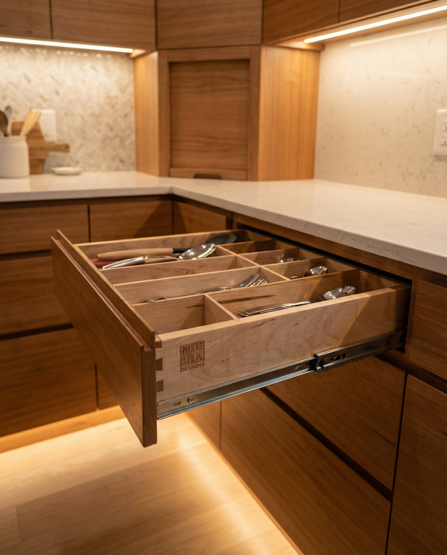 Drawer | Maple, Half Blind Dovetail, 5/8" Sides, 1/4" Birch ply Bottom, Clear Coated, Fixed Insert Dividers