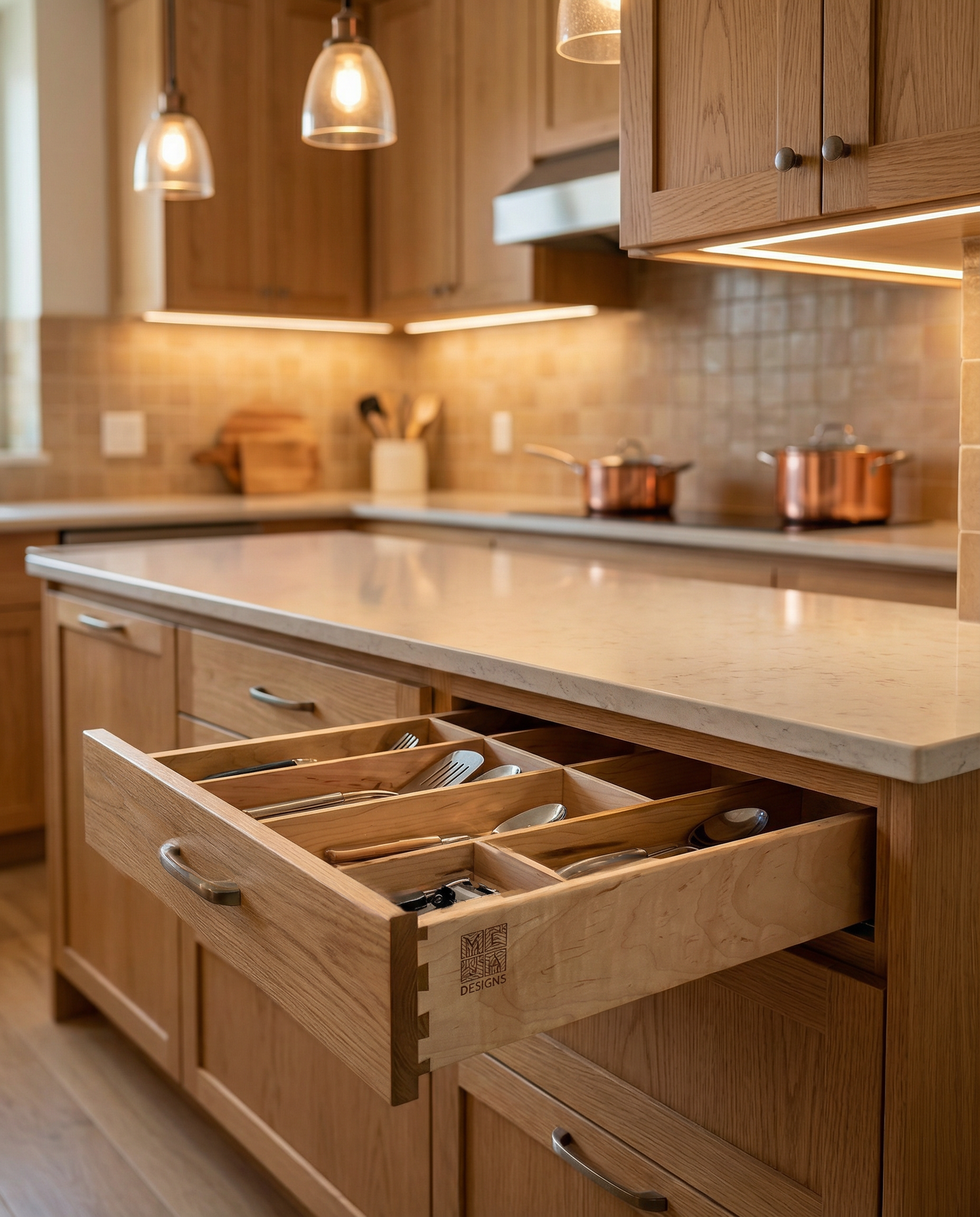 Drawer | Maple, Half Blind Dovetail, 5/8" Sides, 1/4" Birch ply Bottom, Clear Coated, Fixed Insert Dividers