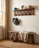 Carved Blossom Lattice | Rustic Wall Coat Rack with Decorative Shelf | Entryway Organizer with Black Hooks | Handcrafted Wood Coat Hanger | Farmhouse Hallway Storage