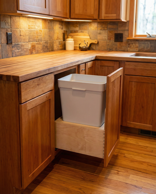 Drawer | Baltic Birch Plywood, Half Blind Dovetail, 1/2" Sides, 1/4" Birch ply Bottom, Clear Coated, Waste Bin Cutout