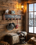 Mountain Meadow Elk | Rustic Wall Coat Rack with Decorative Shelf | Entryway Organizer with Black Hooks | Handcrafted Wood Coat Hanger | Farmhouse Hallway Storage