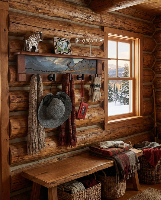 Mountain Meadow Elk | Rustic Wall Coat Rack with Decorative Shelf | Entryway Organizer with Black Hooks | Handcrafted Wood Coat Hanger | Farmhouse Hallway Storage