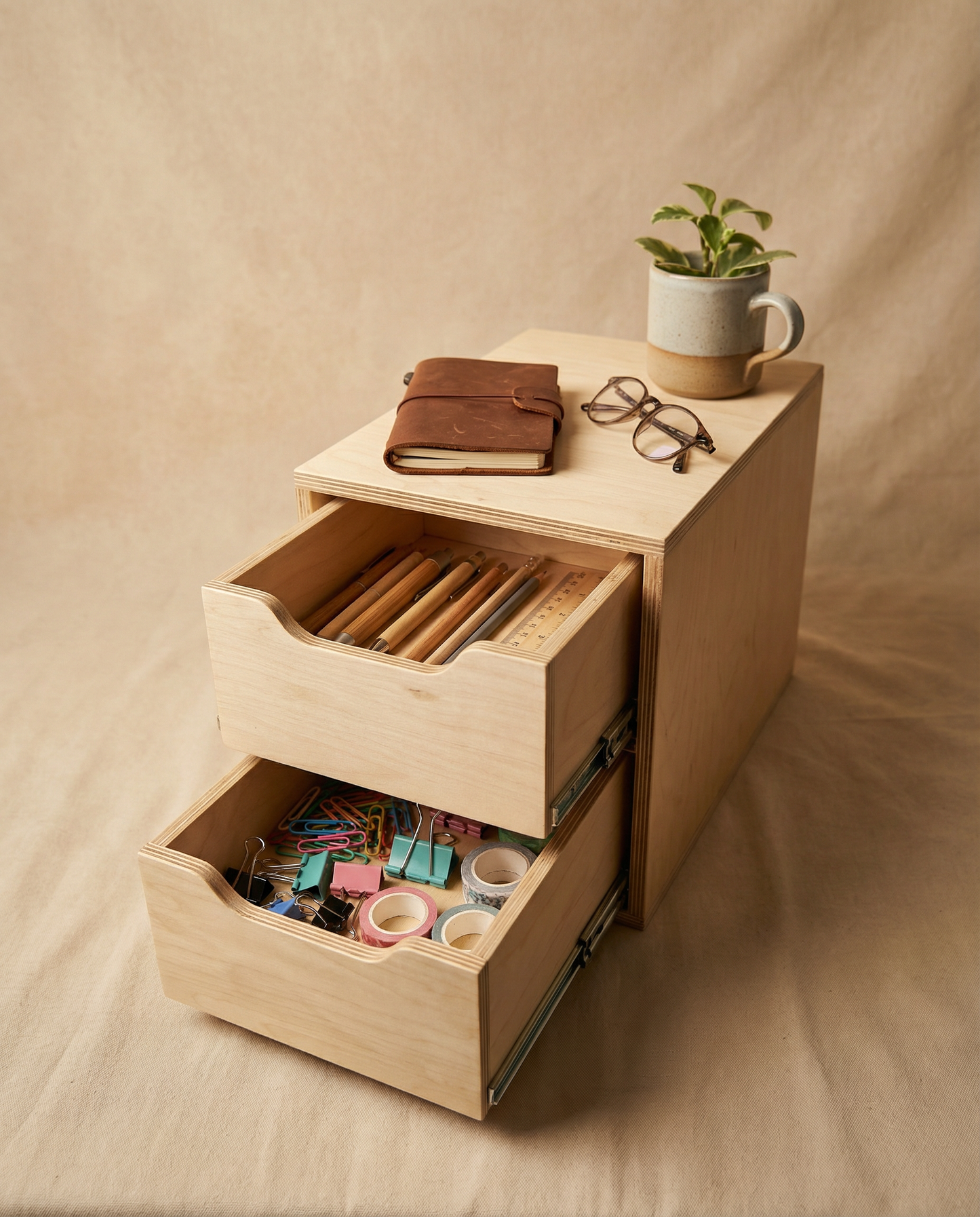 Drawer Unit | Baltic Birch Plywood, Half Blind Dovetail, 5/8" Sides, 1/4" Birch Ply Bottom, Clear Coated, (2) Drawers, Pull Cutouts, Lid Top