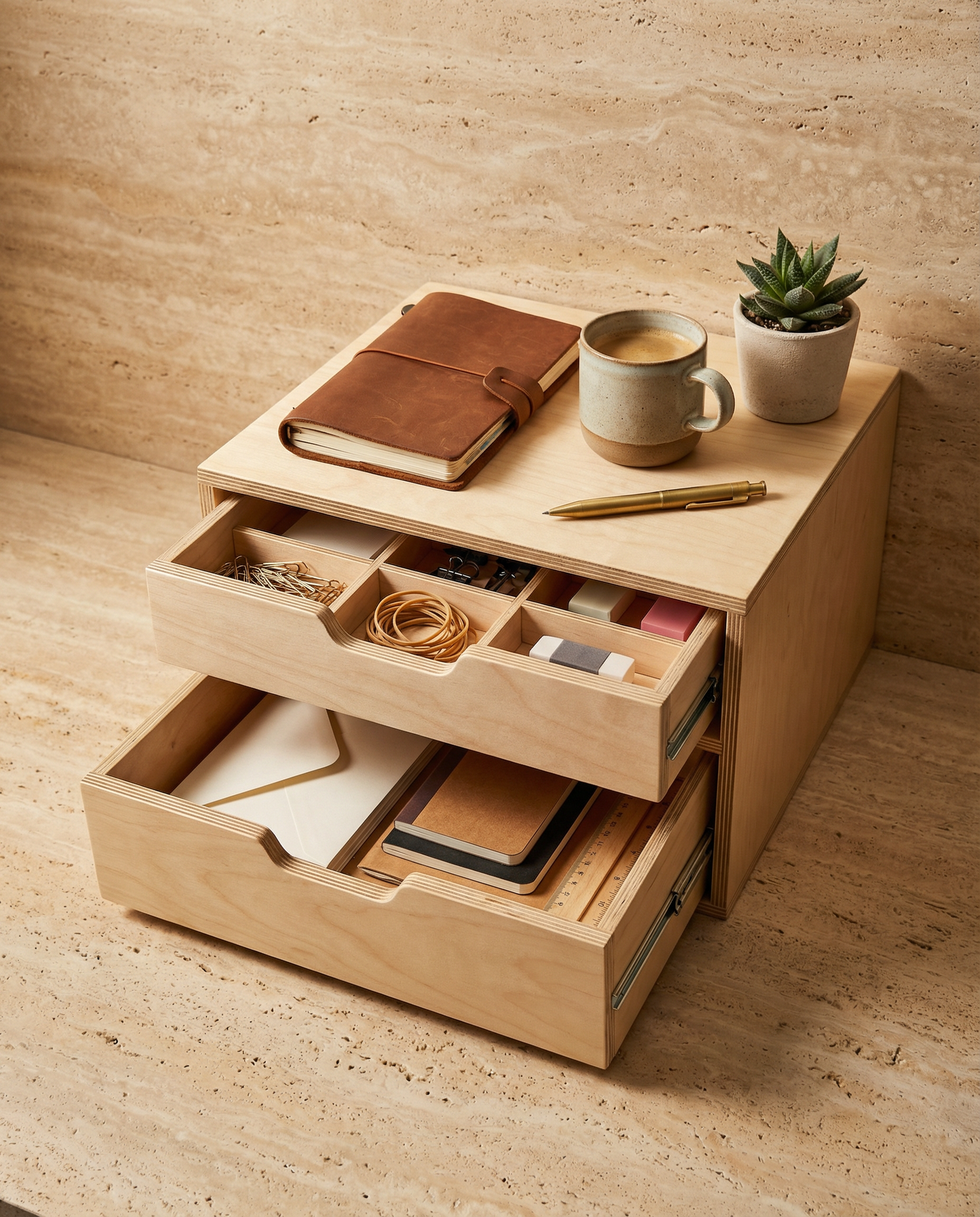 Drawer Unit | Baltic Birch Plywood, Half Blind Dovetail, 5/8" Sides, 1/4" Birch Ply Bottom, Clear Coated, (2) Drawers, Pull Cutouts, Lid Top