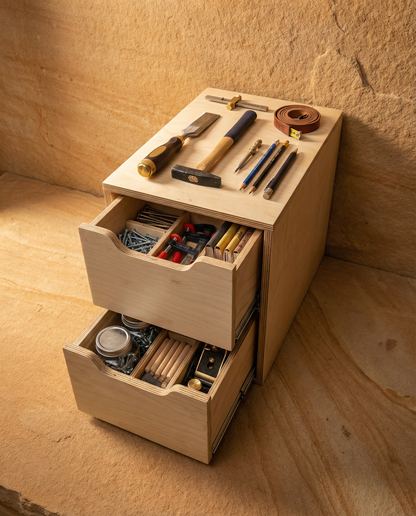 Drawer Unit | Baltic Birch Plywood, Half Blind Dovetail, 5/8" Sides, 1/4" Birch Ply Bottom, Clear Coated, (2) Drawers, Pull Cutouts, Lid Top