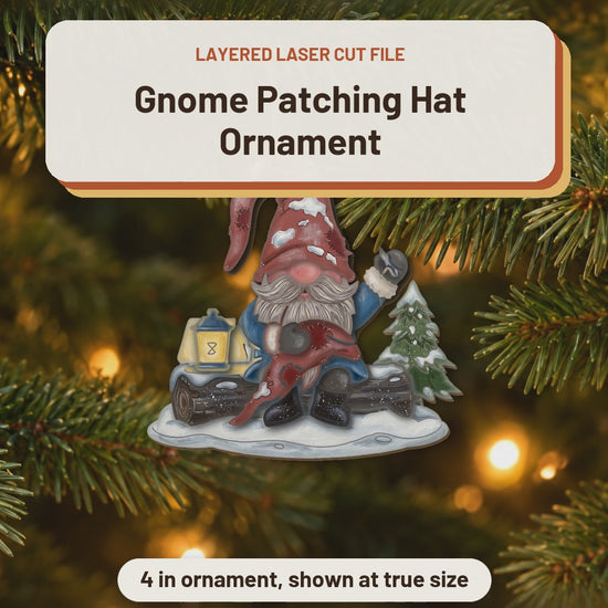 Gnome Patching Hat Ornament laser cut file: video